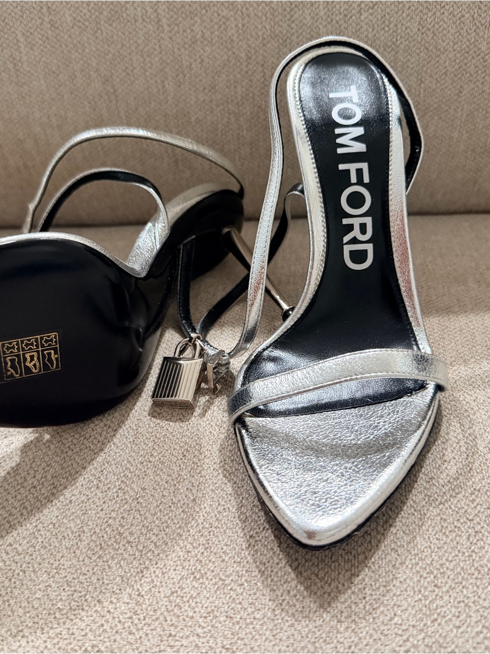 Tom Ford Silver Metallic Leather Stiletto Sandals with Padlock Charm